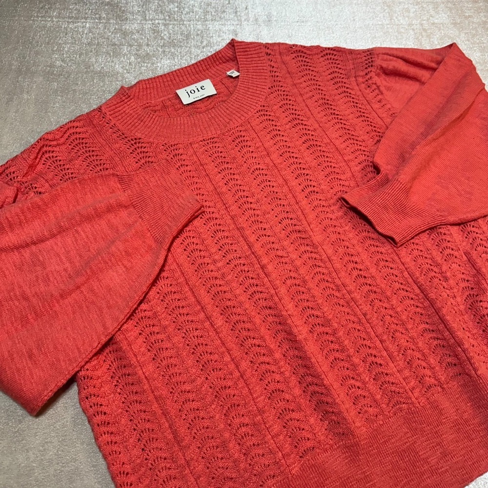 Joie Pointelle Knit Sweater Womens Large Coral Pink Puff Sleeve Crewneck Top